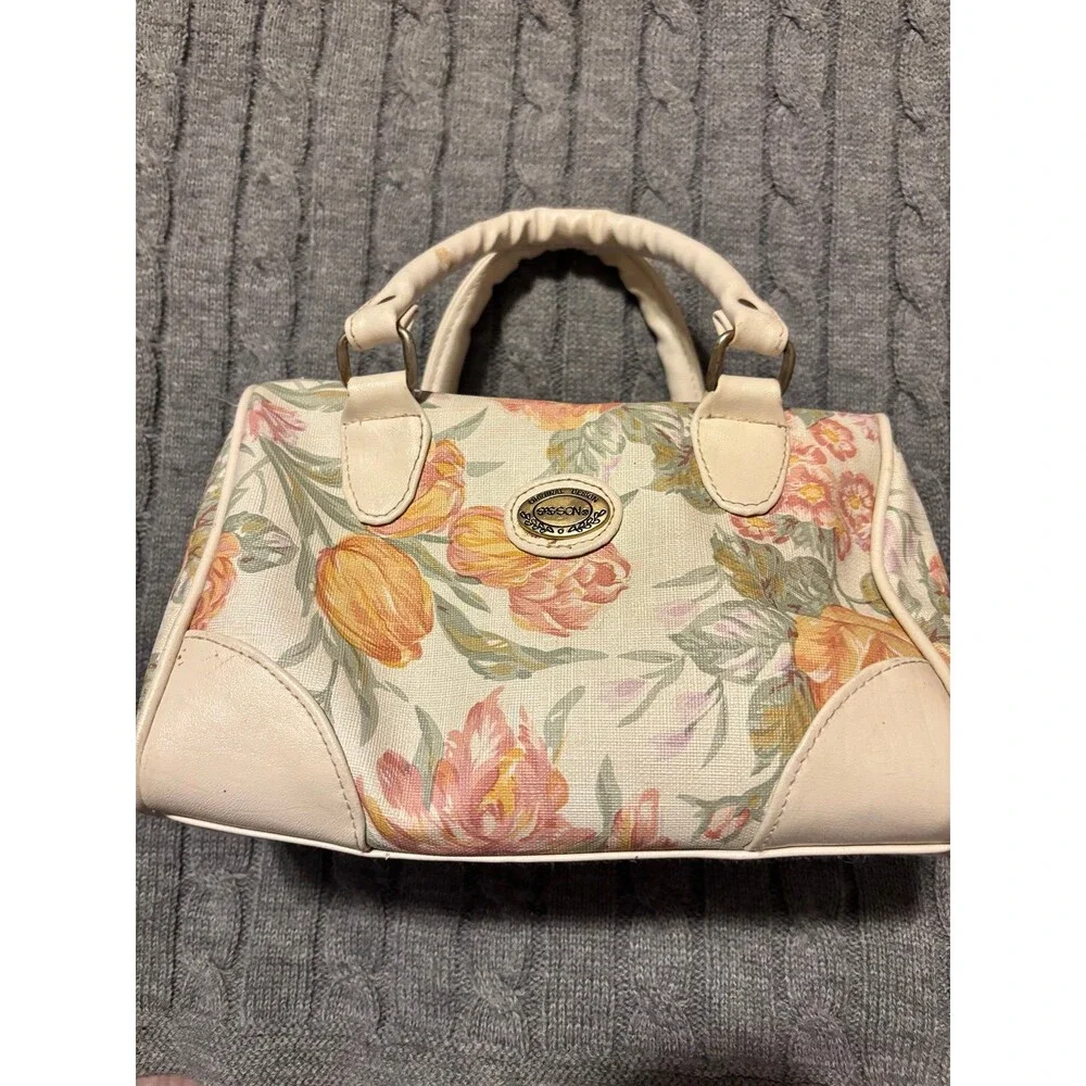 Vintage Sasson Pastel Tulip Floral Tapestry Satchel Handbag 1980s